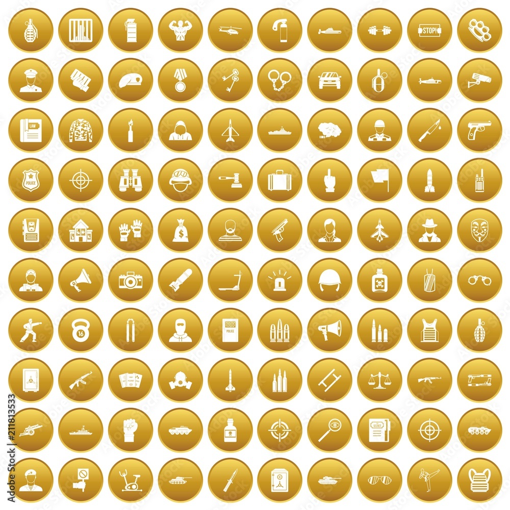100 officer icons set in gold circle isolated on white vectr illustration 100 officer icons set in gold circle isolated on white vectr illustration