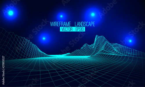 Abstract vector wireframe landscape background. Cyberspace grid. 3d