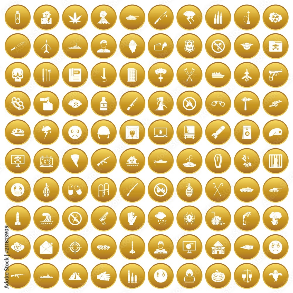 100 oppression icons set in gold circle isolated on white vectr illustration 100 oppression icons set in gold circle isolated on white vectr illustration