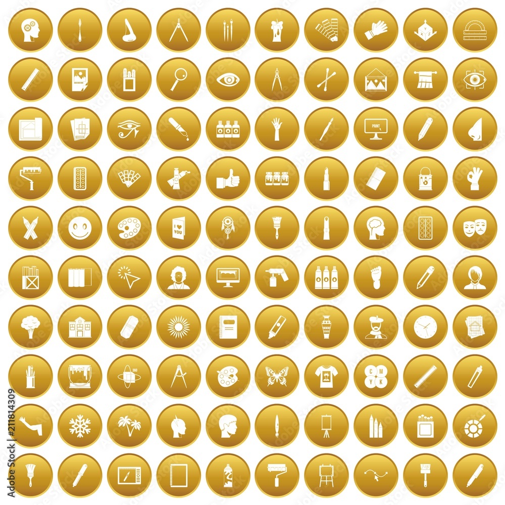 100 paint icons set in gold circle isolated on white vectr illustration 100 paint icons set in gold circle isolated on white vectr illustration