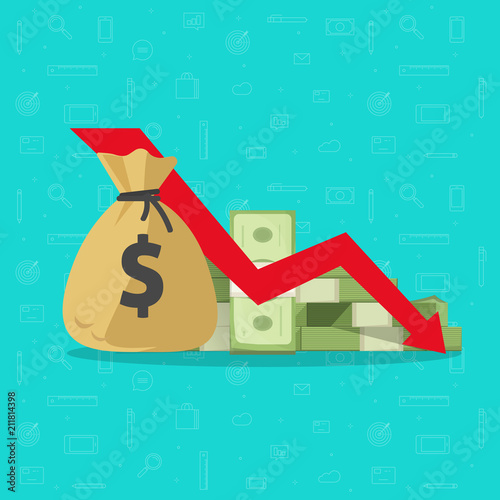 Money loss vector illustration, flat cartoon paper cash with down arrow stocks graph, concept of financial crisis, market fall, bankruptcy, budget recession, investment expenses, bad economy reduction