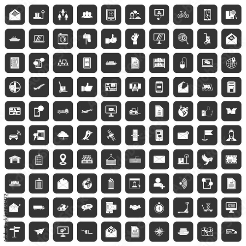 100 post and mail icons set in black color isolated vector illustration
