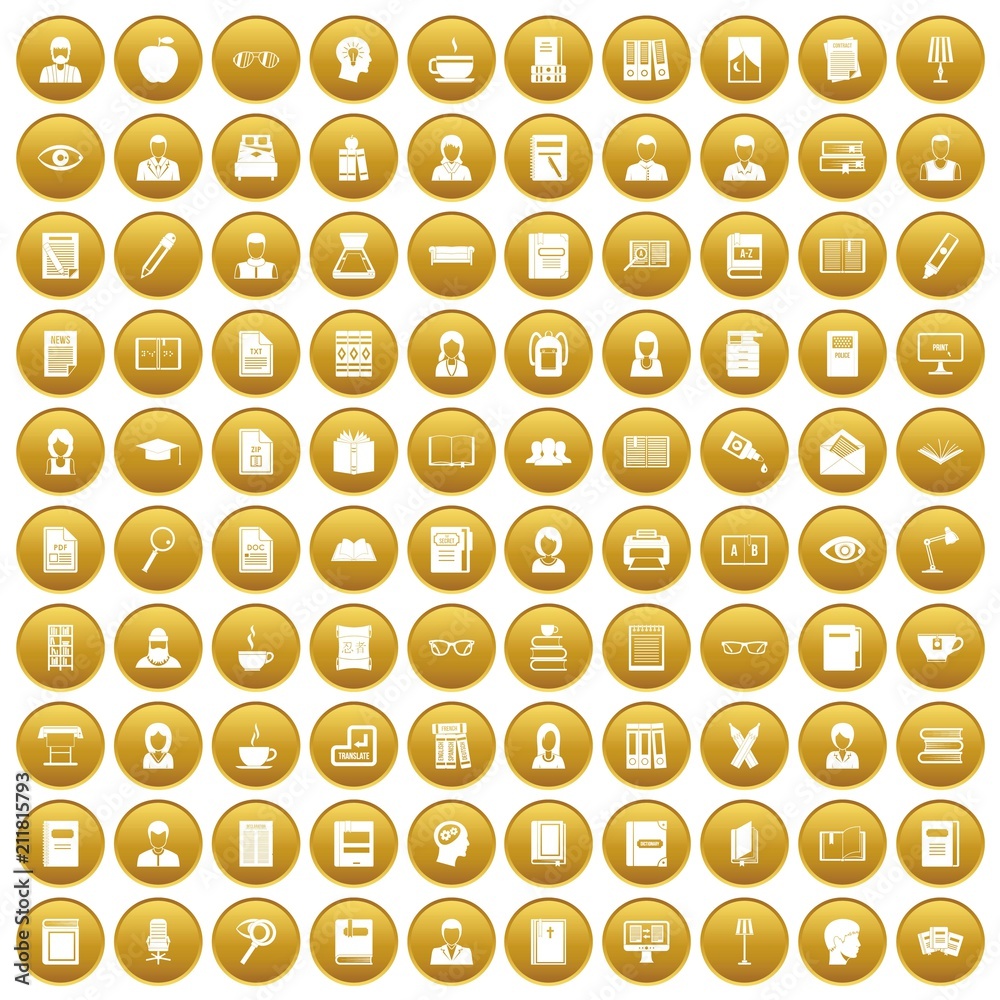 100 reader icons set in gold circle isolated on white vectr illustration