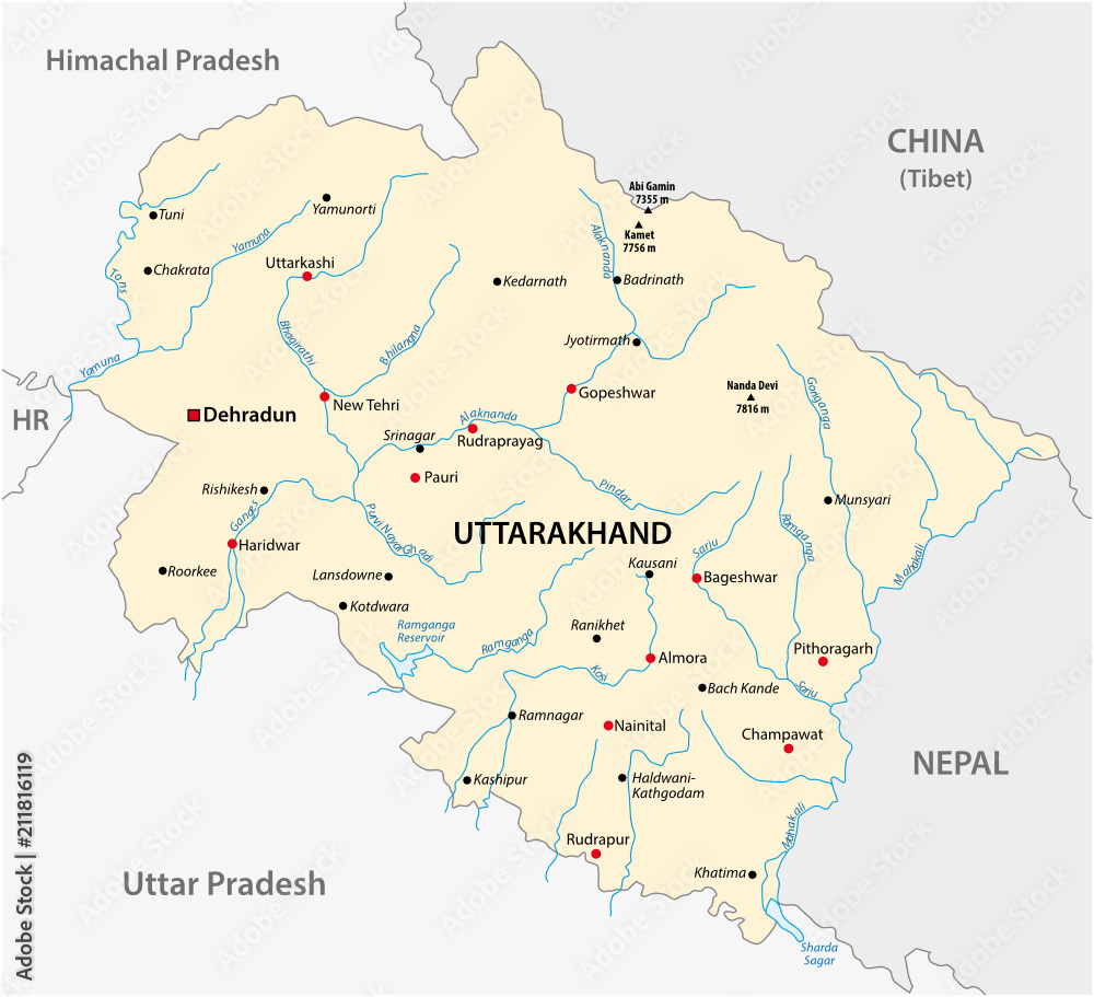 Vector map of the north Indian state of Uttarakhand, India
