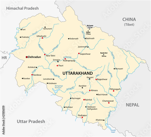 Vector map of the north Indian state of Uttarakhand  India