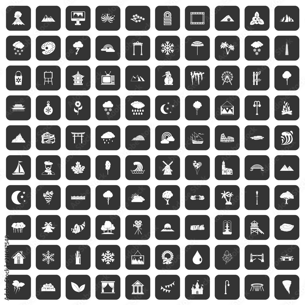 100 scenery icons set in black color isolated vector illustration 100 scenery icons set in black color isolated vector illustration