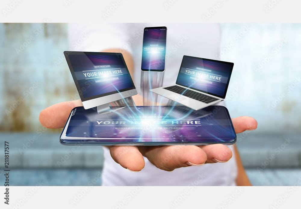 Hand Holding Smartphone with Floating Devices Mockup Stock Template
