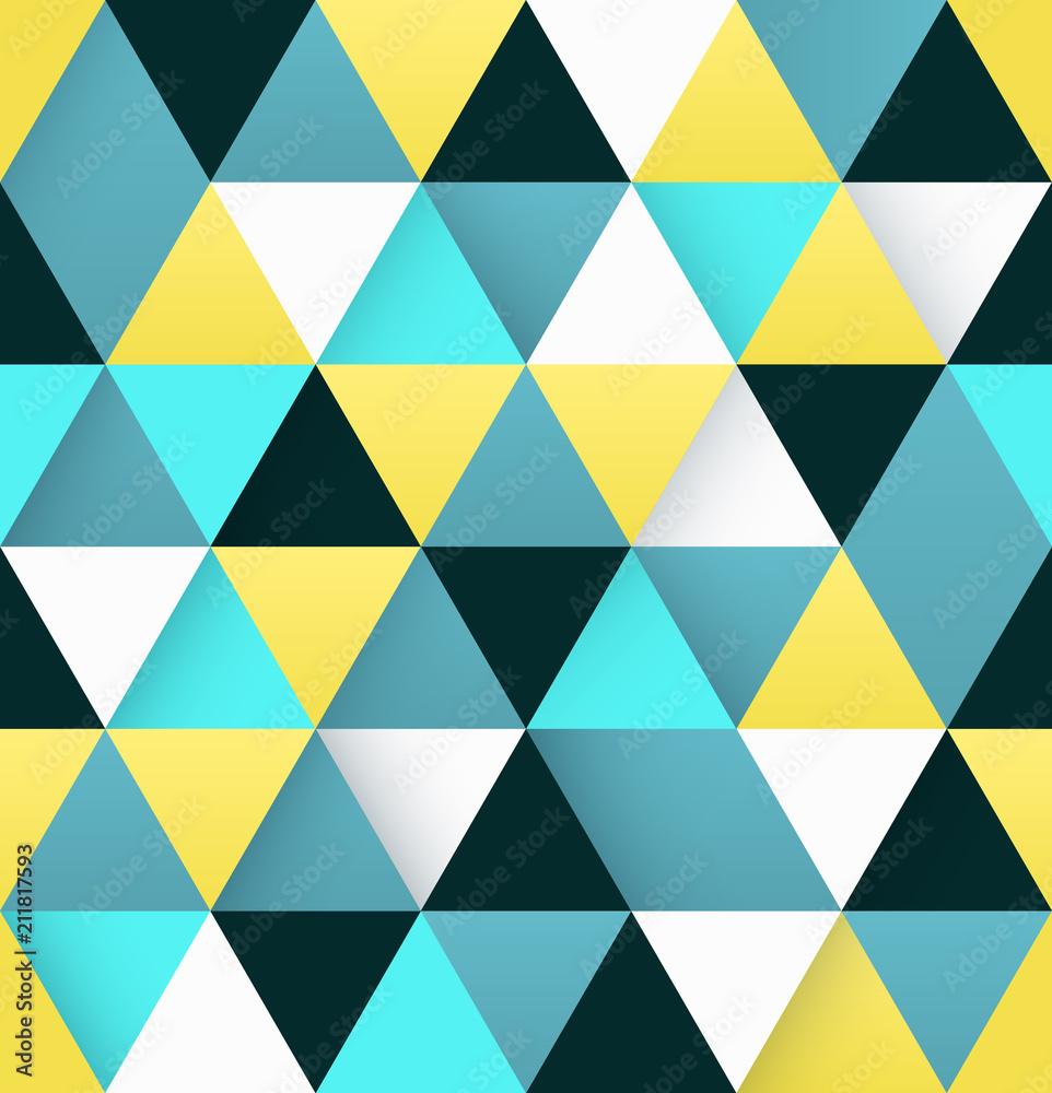 Colorful abstract background with triangles in yellow, blue, white, black colors. Seamless pattern. Trendy illustration Colorful abstract background with triangles in yellow, blue, white, black colors. Seamless pattern. Trendy illustration