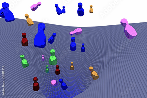 3d-Illustration von frei fallenden, glänzenden Figuren (Rotationskörper) über einer Landschaft von Potentialtrichtern, die aus Hunderten von länglichen Quadern mit quadratischer Grundfläche besteht