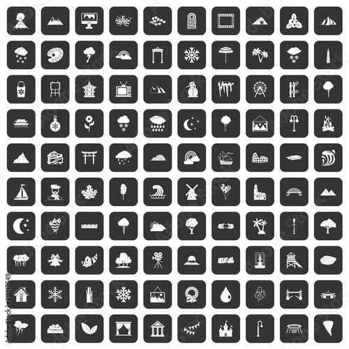 100 scenery icons set in black color isolated vector illustration
