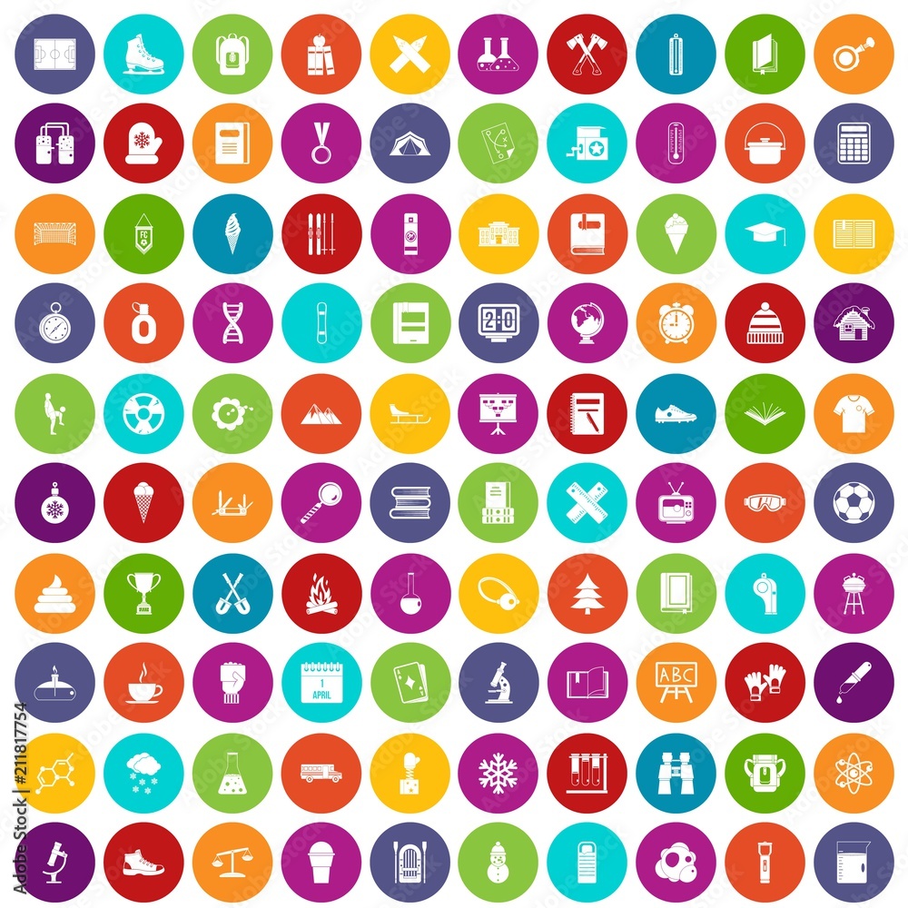 100 school years icons set in different colors circle isolated vector illustration