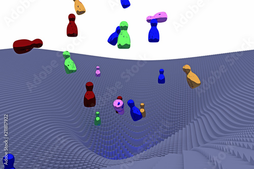 3d-Illustration von frei fallenden, glänzenden Figuren (Rotationskörper) über einer Landschaft von Potentialtrichtern, die aus Hunderten von länglichen Quadern mit quadratischer Grundfläche besteht