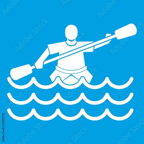 Male athlete in a canoe icon white isolated on blue background vector illustration
