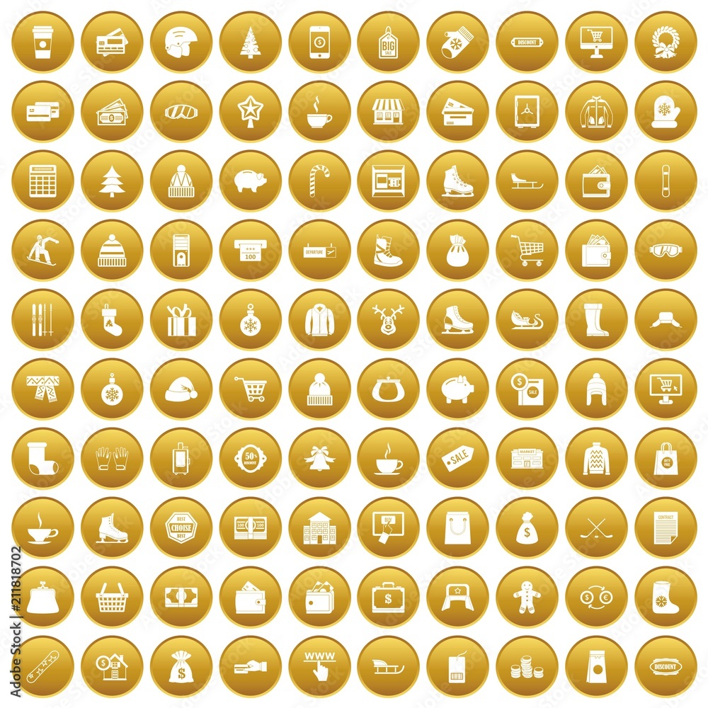 100 winter shopping icons set in gold circle isolated on white vectr illustration 100 winter shopping icons set in gold circle isolated on white vectr illustration