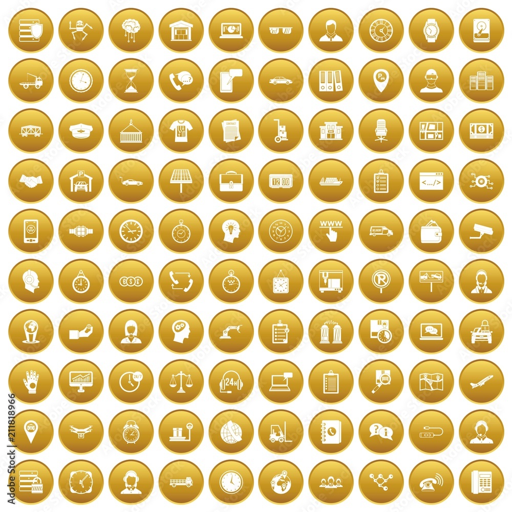 100 working hours icons set in gold circle isolated on white vectr illustration 100 working hours icons set in gold circle isolated on white vectr illustration