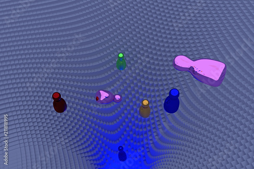 3d-Illustration von frei fallenden, glänzenden Figuren (Rotationskörper) über einer Landschaft von Potentialtrichtern, die aus Hunderten von länglichen Quadern mit quadratischer Grundfläche besteht