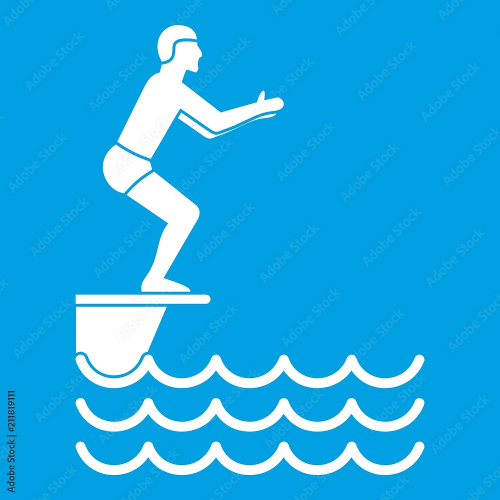 Man standing on springboard icon white isolated on blue background vector illustration Man standing on springboard icon white isolated on blue background vector illustration