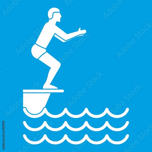 Man standing on springboard icon white isolated on blue background vector illustration