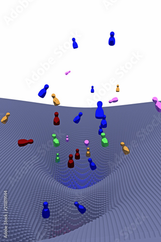 3d-Illustration von frei fallenden, glänzenden Figuren (Rotationskörper) über einer Landschaft von Potentialtrichtern, die aus Hunderten von länglichen Quadern mit quadratischer Grundfläche besteht