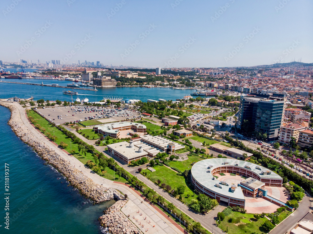 Istanbul, Turkey - May 23, 2018: Aerial Drone View of Water Treatment Plant Near Seaside in Kadikoy Square in Istanbul