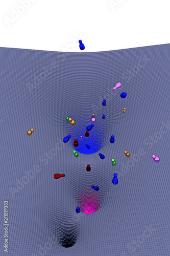 3d-Illustration von frei fallenden, glänzenden Figuren (Rotationskörper) über einer Landschaft von Potentialtrichtern, die aus Hunderten von länglichen Quadern mit quadratischer Grundfläche besteht