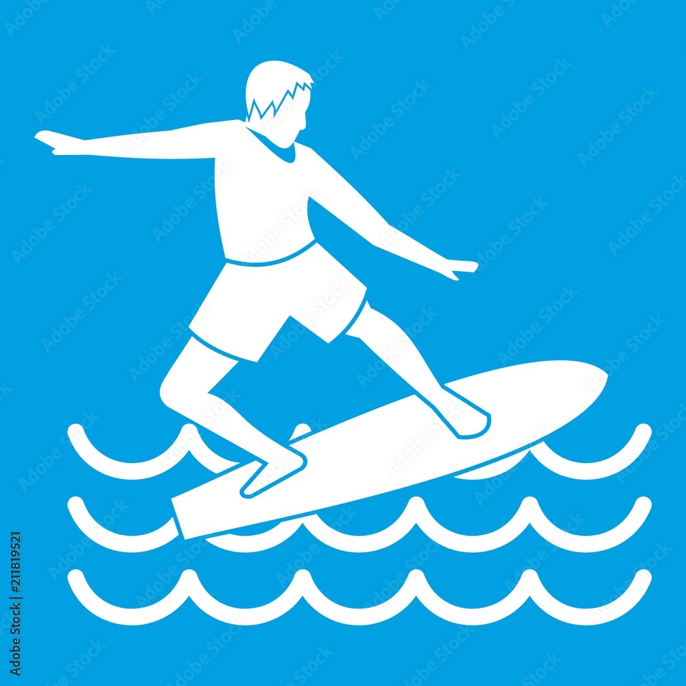 Surfer man icon white isolated on blue background vector illustration Surfer man icon white isolated on blue background vector illustration