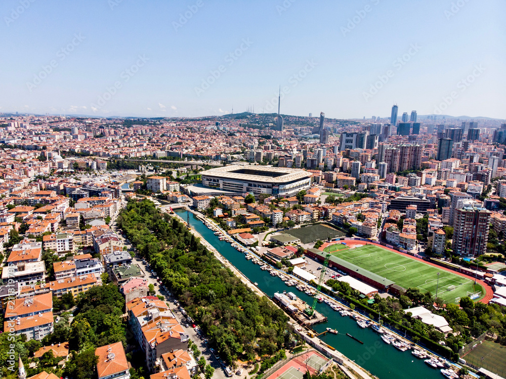 Fototapeta premium Istanbul, Turkey - February 23, 2018: Aerial Drone View Kadikoy Moda Kurbagalidere with Fenerbahce Stadium Sukru Saracoglu in Istanbul