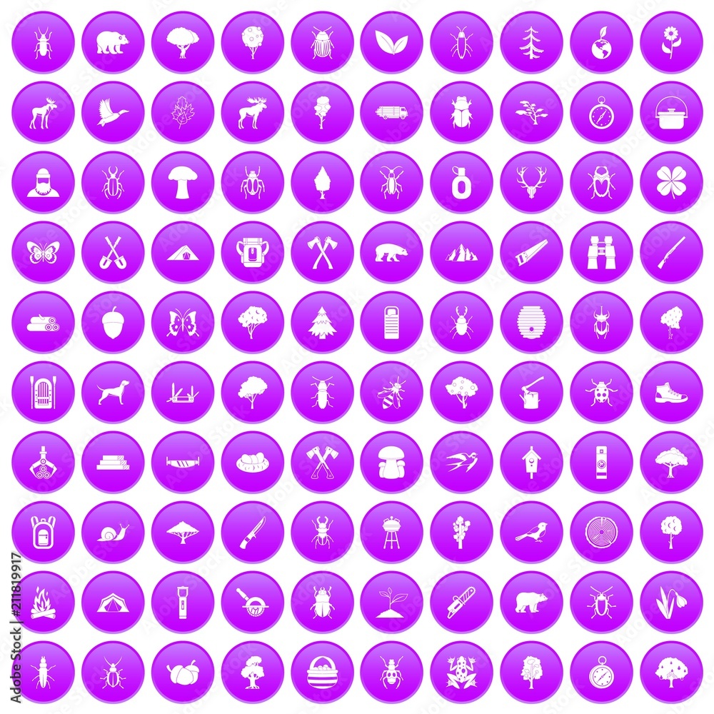 100 forest icons set in purple circle isolated on white vector illustration 100 forest icons set in purple circle isolated on white vector illustration