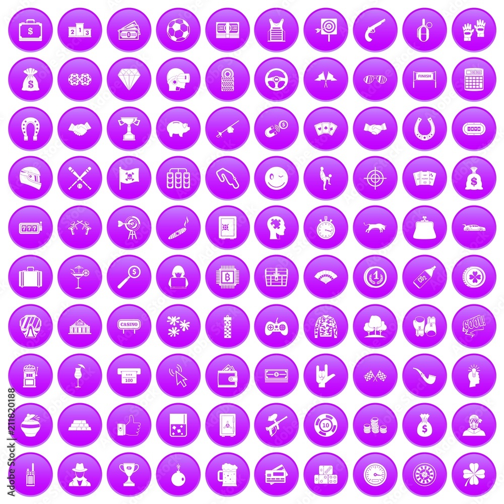 100 gambling icons set in purple circle isolated on white vector illustration 100 gambling icons set in purple circle isolated on white vector illustration