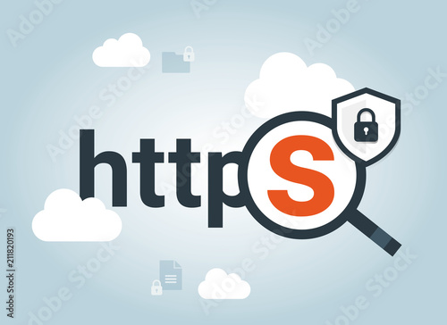 Magnifying glass. Data protection and internet security. Safe and Secure Web sites on the Internet. HTTPS Protocol. SSL certificate for the site. Advantage TLS. Vector illustration. Cloud security