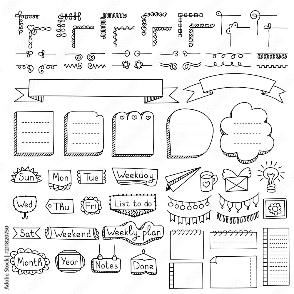 Bullet journal hand drawn vector elements for notebook, diary and planner.  Doodle banners isolated on white background. Days of week, notes, list,  frames, dividers, corners, ribbons. vector de Stock | Adobe Stock