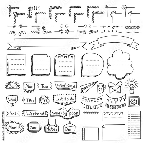 Bullet journal hand drawn vector elements for notebook, diary and planner. Doodle banners isolated on white background. Days of week, notes, list, frames, dividers, corners, ribbons. photo