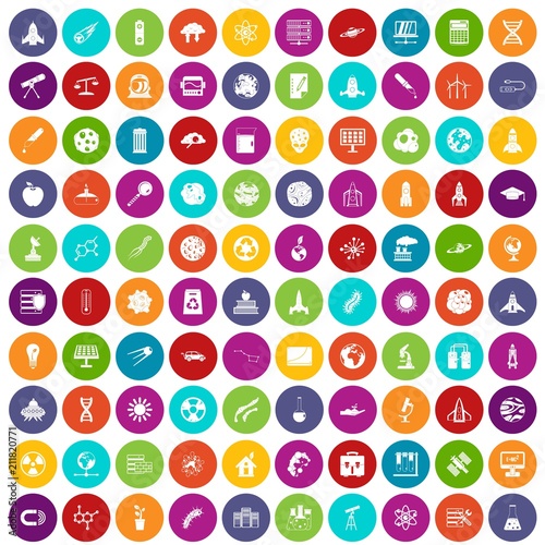100 space icons set in different colors circle isolated vector illustration