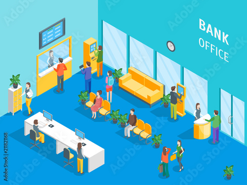 Bank Office Interior with Furniture and People Isometric View. Vector