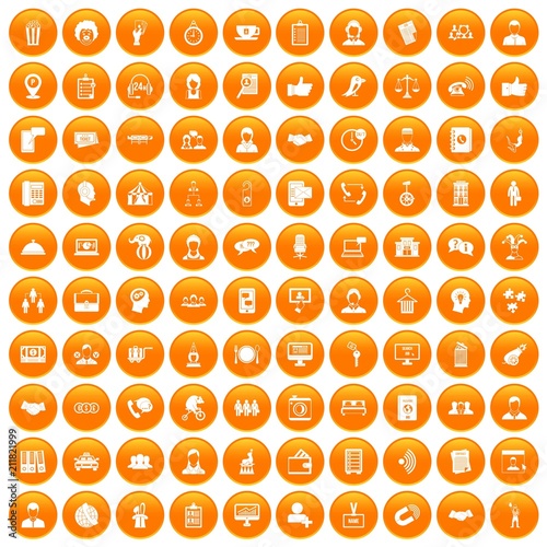 100 coherence icons set in orange circle isolated vector illustration