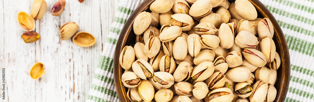 Sea Salt Roasted Pistachios Panoramic image. Selective focus.