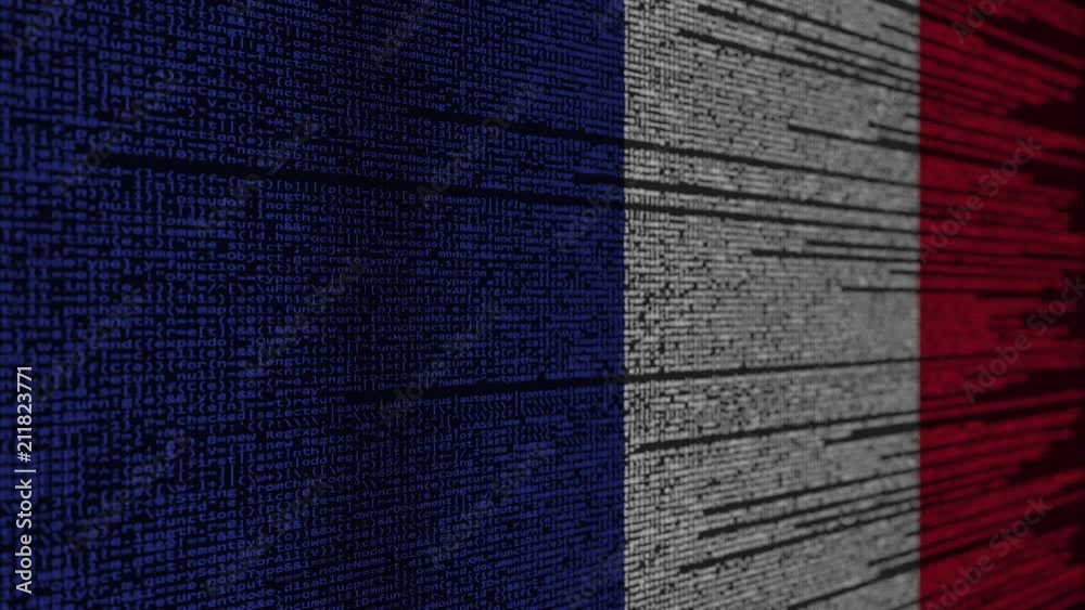 Program code and flag of France. French digital technology or programming related loopable animation