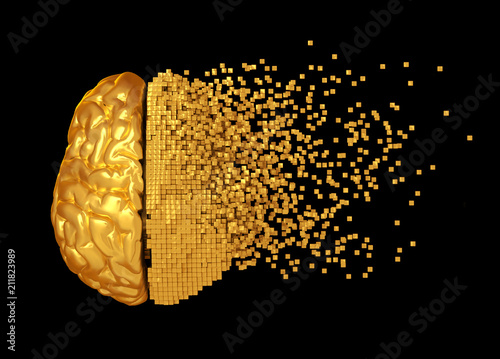 Desintegration Of Golden Digital Brain On Black Background. 3D Illustration.