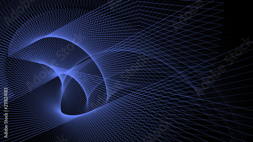 Abstract geometric black background with blue curves and transparent grid. Concept of interaction and technologies orchestration. Digital illustration for your design. Copy space.