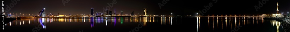 Bahrain skyline at night, a broad panoramic view