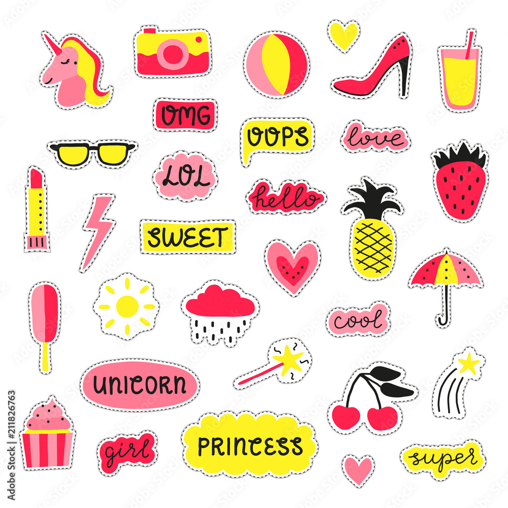 Collection of girly pop stickers. Stock Vector | Adobe Stock