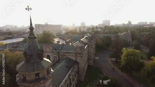 flight of the drone over the roofs of the old city