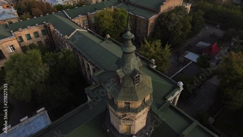 flight of the drone over the roofs of the old city