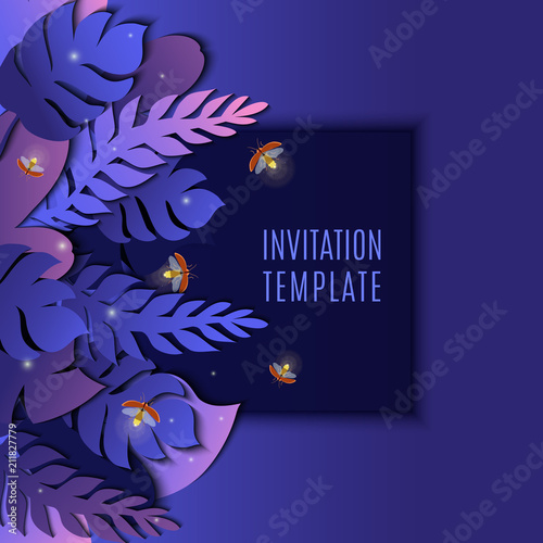 Trendy summer tropical palm leaves promo banner text placeholder. Floral template in 3D paper cut out style for invitations  greeting cards  promotion offers and discount ads. Vector illustration.