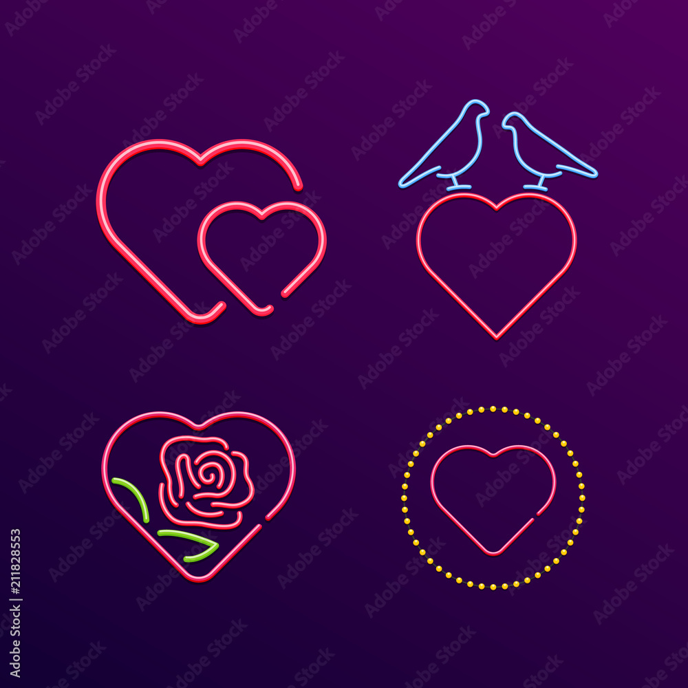 Set of neon signs, bright signage. Concept Valentine's Day, love.