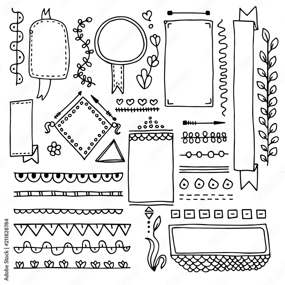 Bullet journal doodle set. Frames, dividers, borders, ribbons, floral  design elements. Stock Vector | Adobe Stock