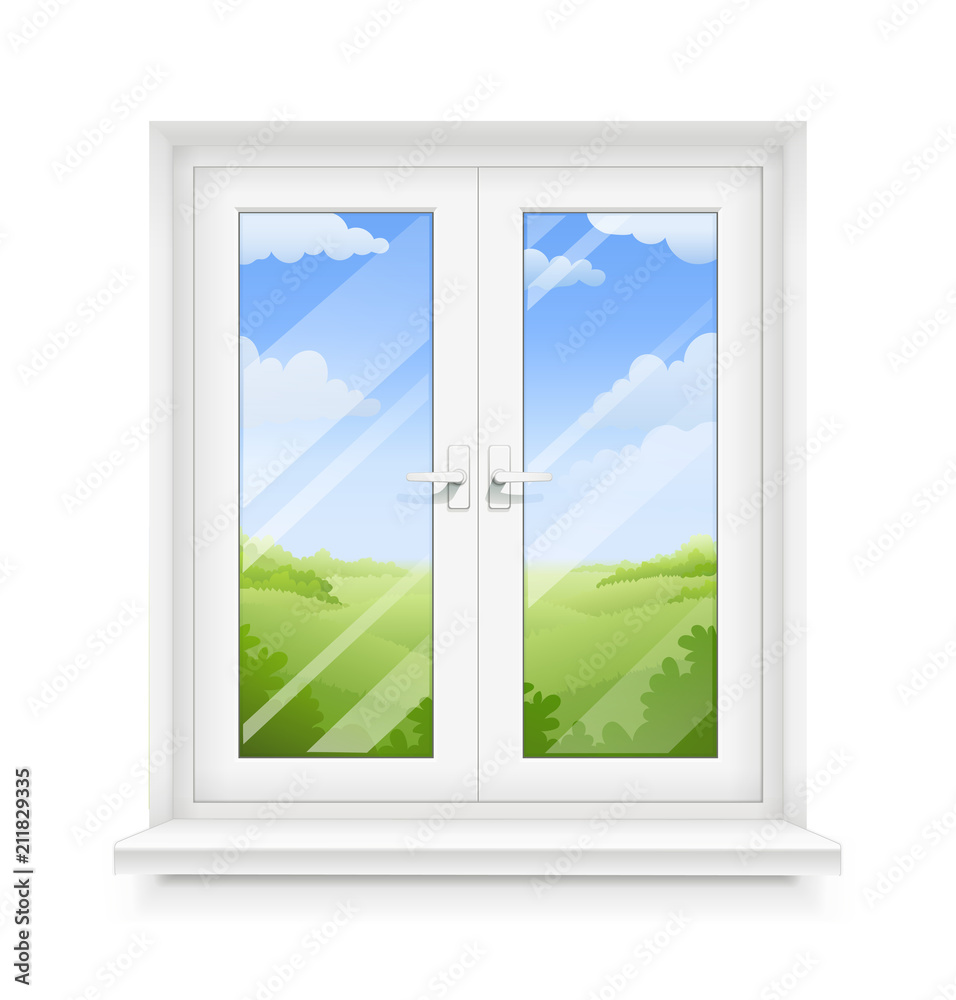 White classic plastic window with windowsill. Transparent