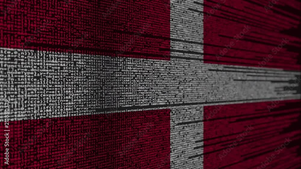 Program code and flag of Denmark. Danish digital technology or programming related loopable animation