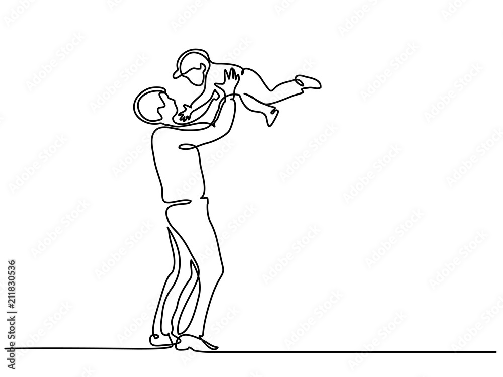 Continuous one line drawing vector illustration. Father with son in hands. Continuous one line drawing vector illustration. Father with son in hands.