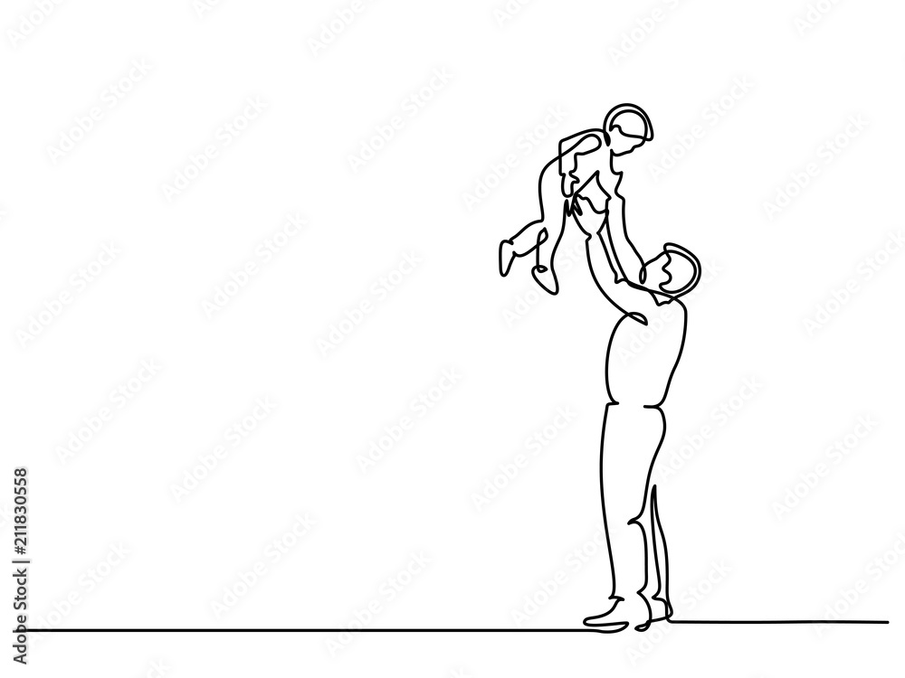 Continuous one line drawing vector illustration. Father with son in hands.
